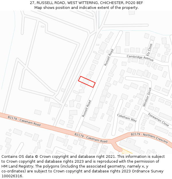 27, RUSSELL ROAD, WEST WITTERING, CHICHESTER, PO20 8EF: Location map and indicative extent of plot