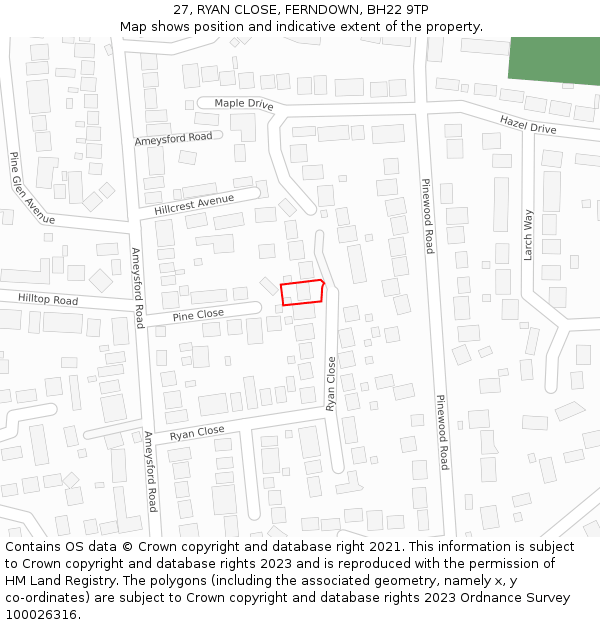 27, RYAN CLOSE, FERNDOWN, BH22 9TP: Location map and indicative extent of plot