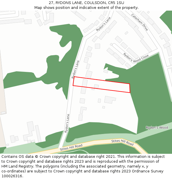 27, RYDONS LANE, COULSDON, CR5 1SU: Location map and indicative extent of plot