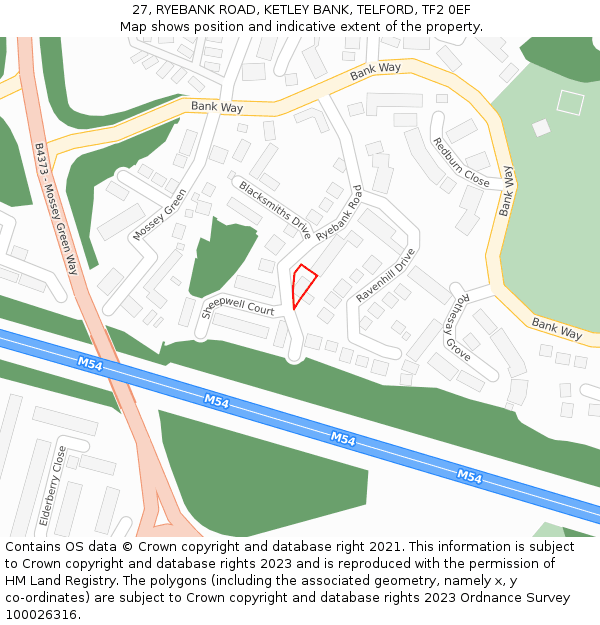 27, RYEBANK ROAD, KETLEY BANK, TELFORD, TF2 0EF: Location map and indicative extent of plot