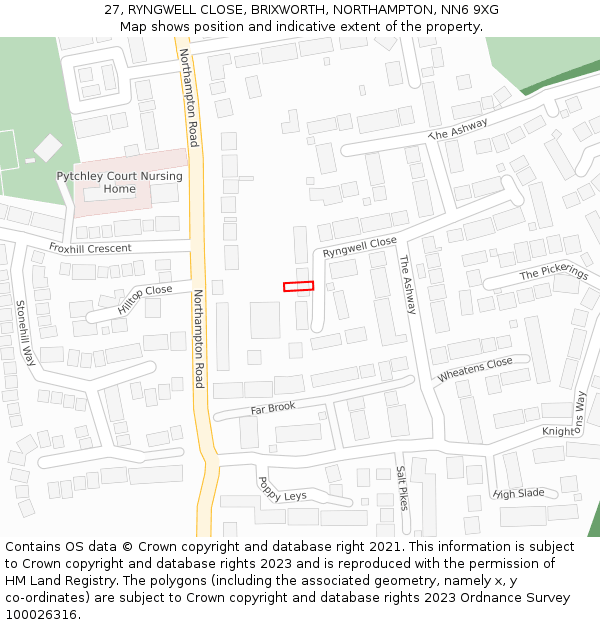 27, RYNGWELL CLOSE, BRIXWORTH, NORTHAMPTON, NN6 9XG: Location map and indicative extent of plot
