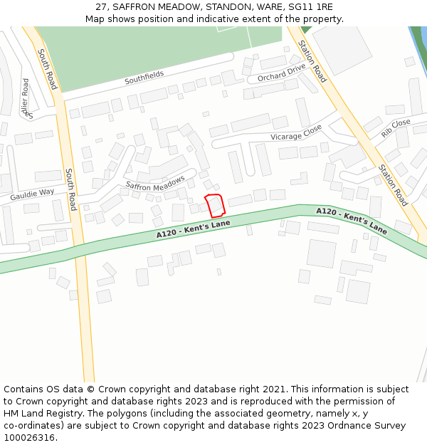 27, SAFFRON MEADOW, STANDON, WARE, SG11 1RE: Location map and indicative extent of plot