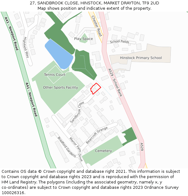 27, SANDBROOK CLOSE, HINSTOCK, MARKET DRAYTON, TF9 2UD: Location map and indicative extent of plot