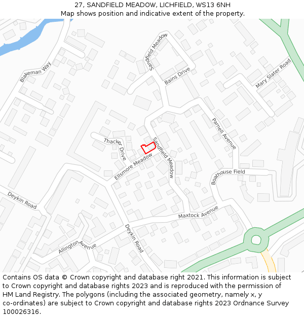 27, SANDFIELD MEADOW, LICHFIELD, WS13 6NH: Location map and indicative extent of plot