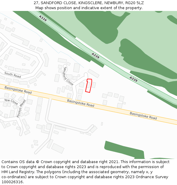 27, SANDFORD CLOSE, KINGSCLERE, NEWBURY, RG20 5LZ: Location map and indicative extent of plot