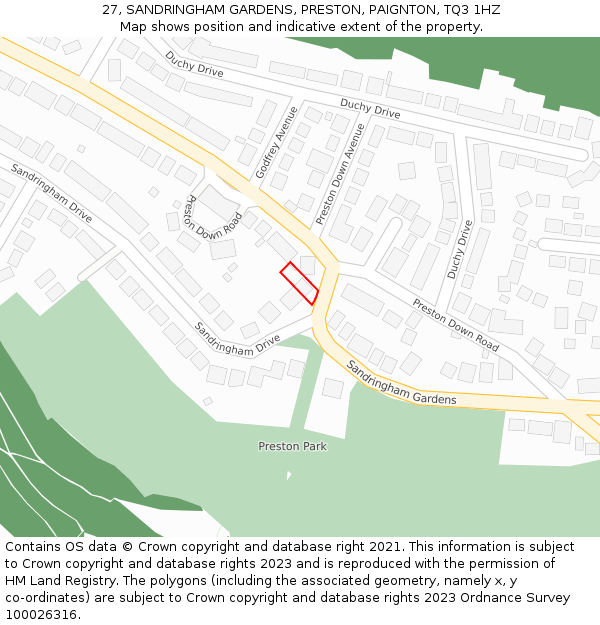 27, SANDRINGHAM GARDENS, PRESTON, PAIGNTON, TQ3 1HZ: Location map and indicative extent of plot