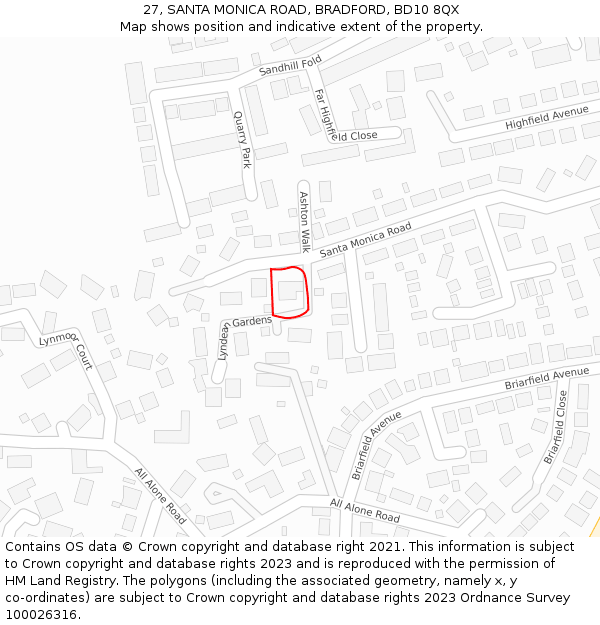 27, SANTA MONICA ROAD, BRADFORD, BD10 8QX: Location map and indicative extent of plot