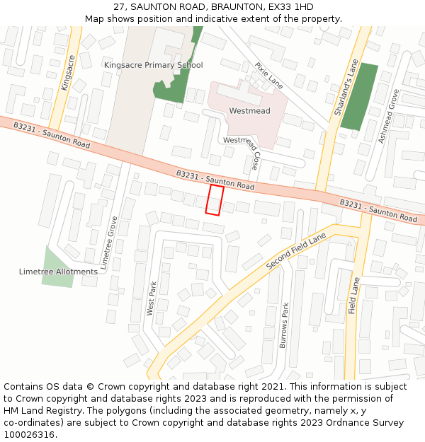 27, SAUNTON ROAD, BRAUNTON, EX33 1HD: Location map and indicative extent of plot