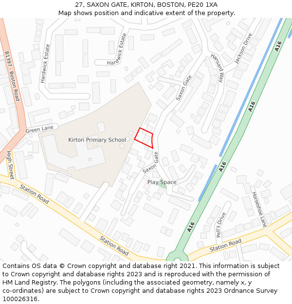 27, SAXON GATE, KIRTON, BOSTON, PE20 1XA: Location map and indicative extent of plot