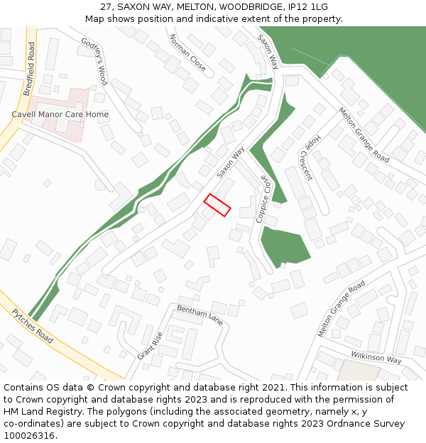 27, SAXON WAY, MELTON, WOODBRIDGE, IP12 1LG: Location map and indicative extent of plot