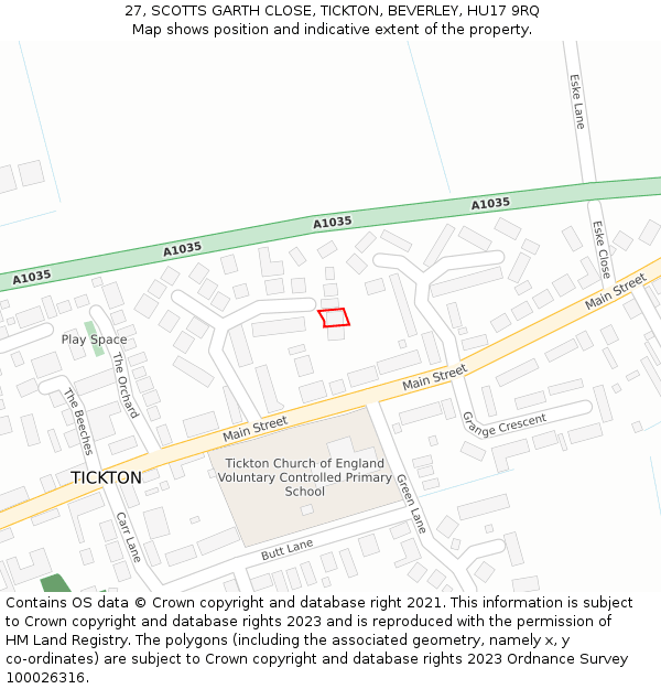 27, SCOTTS GARTH CLOSE, TICKTON, BEVERLEY, HU17 9RQ: Location map and indicative extent of plot