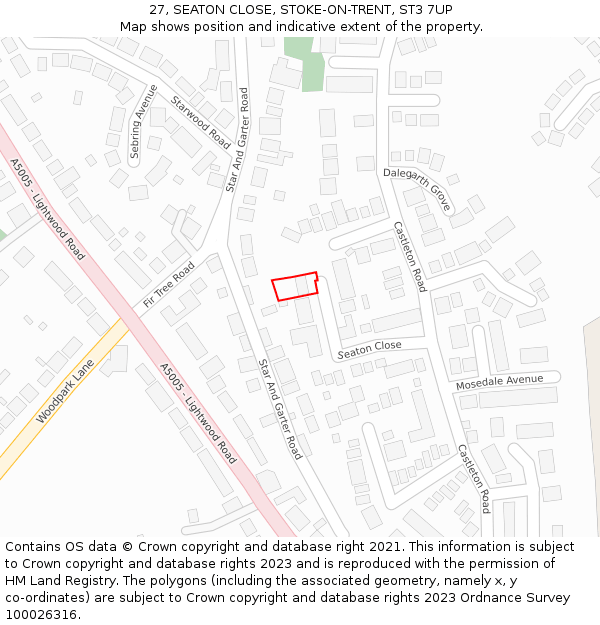 27, SEATON CLOSE, STOKE-ON-TRENT, ST3 7UP: Location map and indicative extent of plot