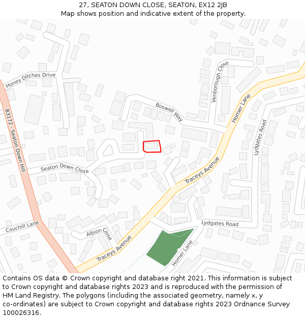27, SEATON DOWN CLOSE, SEATON, EX12 2JB: Location map and indicative extent of plot