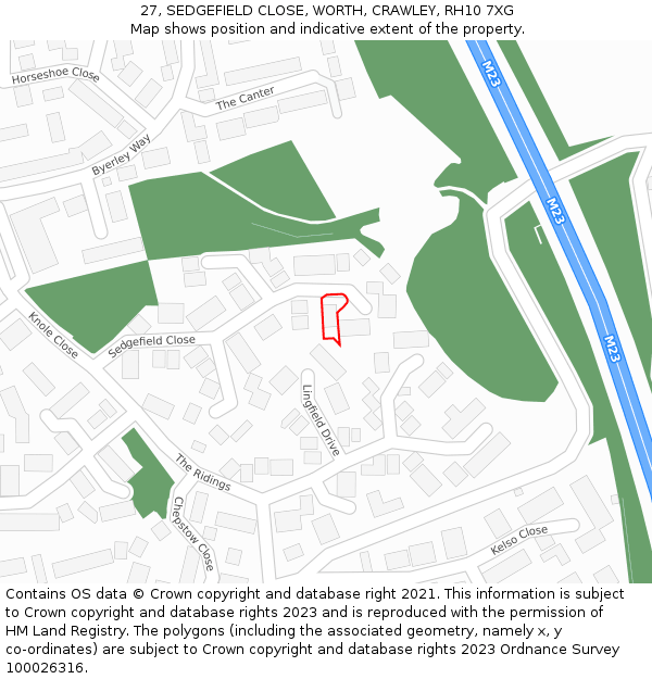 27, SEDGEFIELD CLOSE, WORTH, CRAWLEY, RH10 7XG: Location map and indicative extent of plot