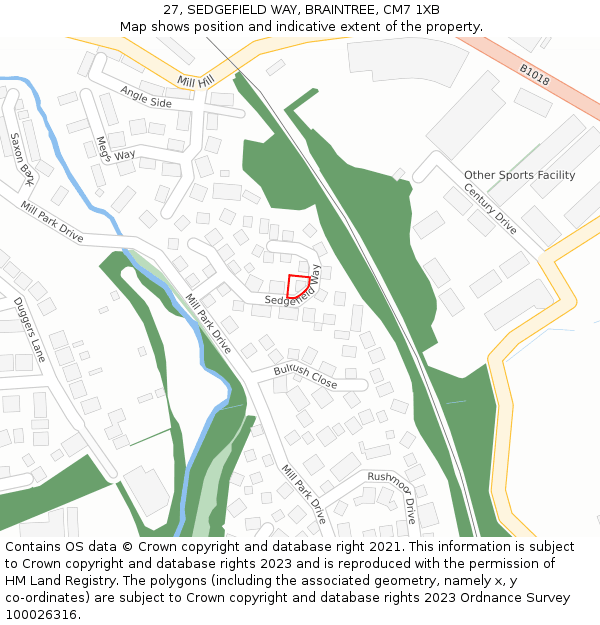 27, SEDGEFIELD WAY, BRAINTREE, CM7 1XB: Location map and indicative extent of plot