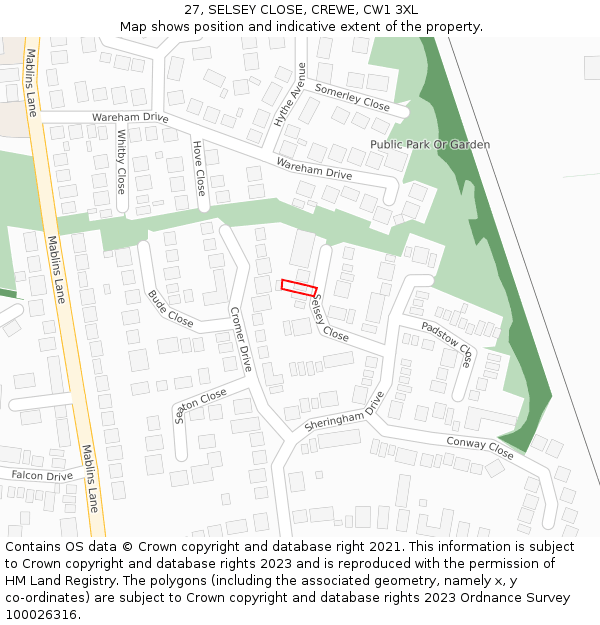 27, SELSEY CLOSE, CREWE, CW1 3XL: Location map and indicative extent of plot