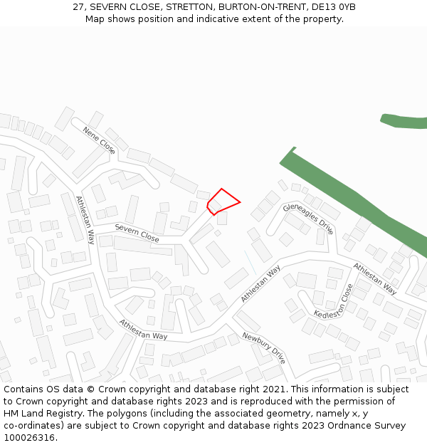 27, SEVERN CLOSE, STRETTON, BURTON-ON-TRENT, DE13 0YB: Location map and indicative extent of plot