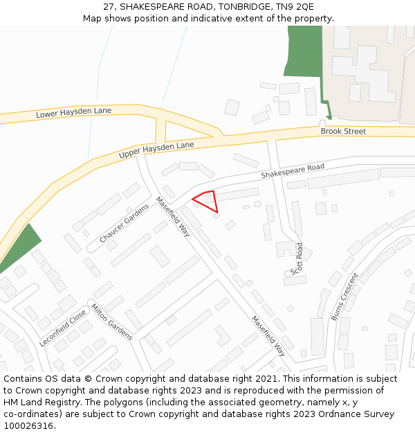 27, SHAKESPEARE ROAD, TONBRIDGE, TN9 2QE: Location map and indicative extent of plot