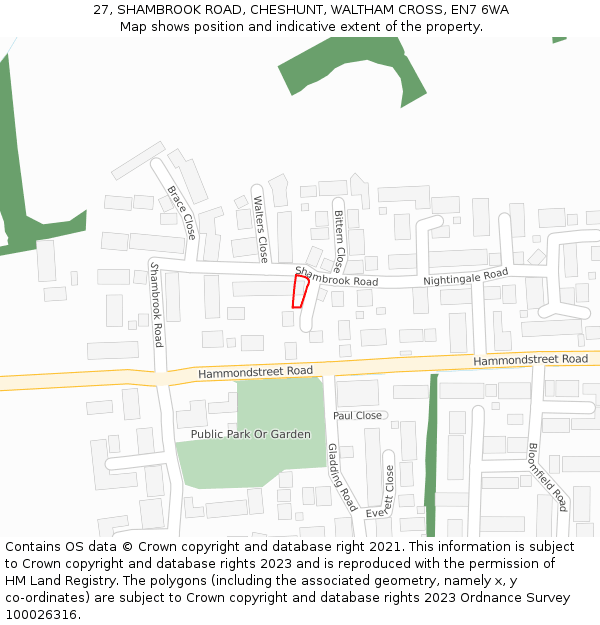 27, SHAMBROOK ROAD, CHESHUNT, WALTHAM CROSS, EN7 6WA: Location map and indicative extent of plot