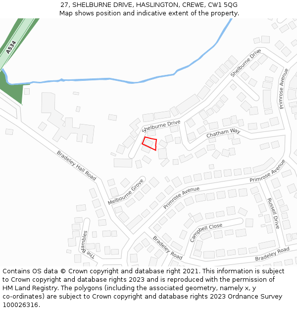 27, SHELBURNE DRIVE, HASLINGTON, CREWE, CW1 5QG: Location map and indicative extent of plot
