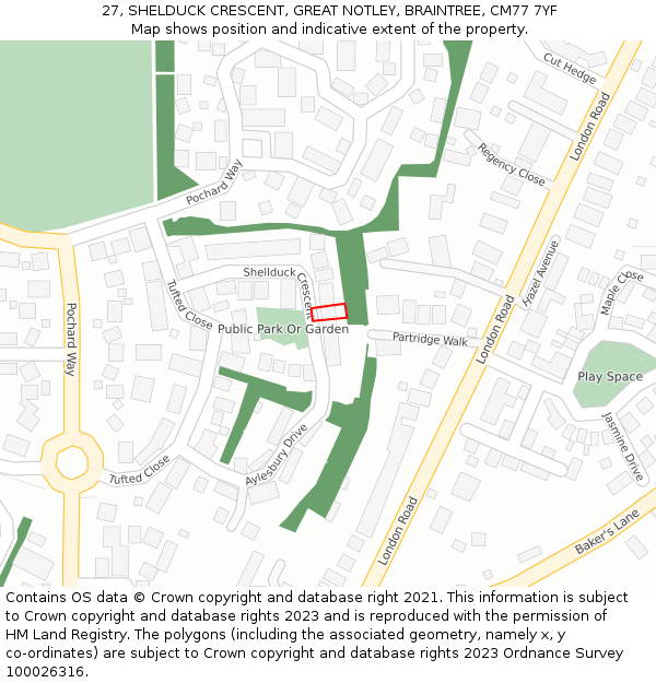 27, SHELDUCK CRESCENT, GREAT NOTLEY, BRAINTREE, CM77 7YF: Location map and indicative extent of plot