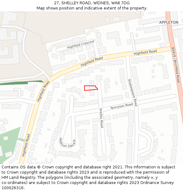 27, SHELLEY ROAD, WIDNES, WA8 7DG: Location map and indicative extent of plot