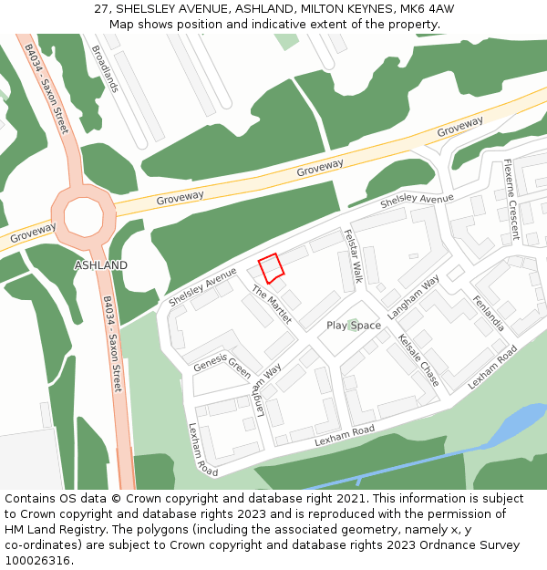 27, SHELSLEY AVENUE, ASHLAND, MILTON KEYNES, MK6 4AW: Location map and indicative extent of plot