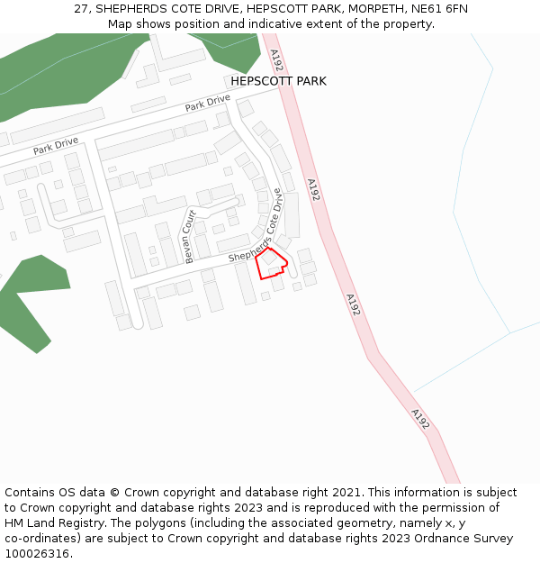 27, SHEPHERDS COTE DRIVE, HEPSCOTT PARK, MORPETH, NE61 6FN: Location map and indicative extent of plot