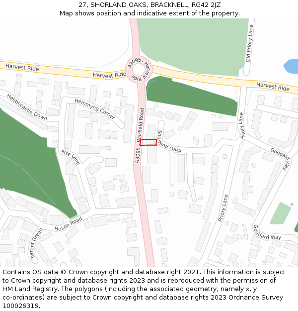 27, SHORLAND OAKS, BRACKNELL, RG42 2JZ: Location map and indicative extent of plot