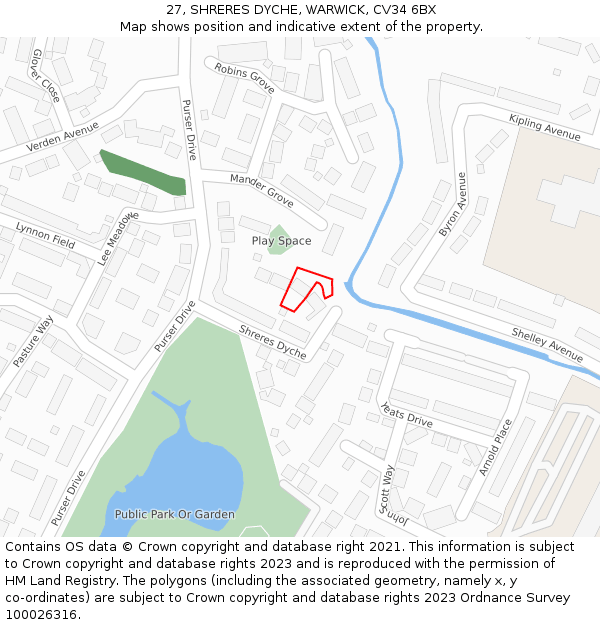 27, SHRERES DYCHE, WARWICK, CV34 6BX: Location map and indicative extent of plot