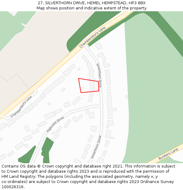 27, SILVERTHORN DRIVE, HEMEL HEMPSTEAD, HP3 8BX: Location map and indicative extent of plot