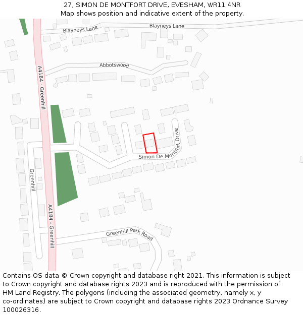 27, SIMON DE MONTFORT DRIVE, EVESHAM, WR11 4NR: Location map and indicative extent of plot