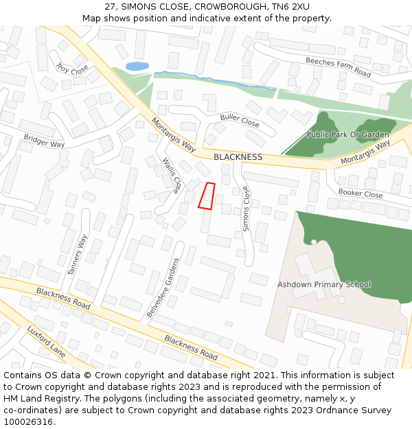 27, SIMONS CLOSE, CROWBOROUGH, TN6 2XU: Location map and indicative extent of plot