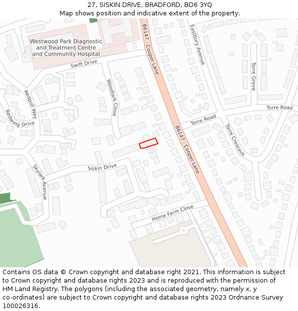 27, SISKIN DRIVE, BRADFORD, BD6 3YQ: Location map and indicative extent of plot