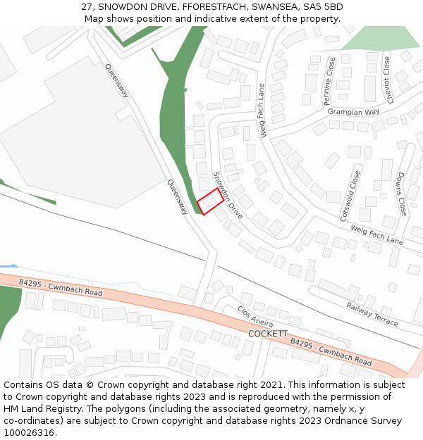 27, SNOWDON DRIVE, FFORESTFACH, SWANSEA, SA5 5BD: Location map and indicative extent of plot