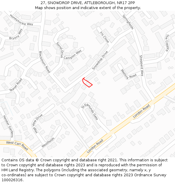 27, SNOWDROP DRIVE, ATTLEBOROUGH, NR17 2PP: Location map and indicative extent of plot