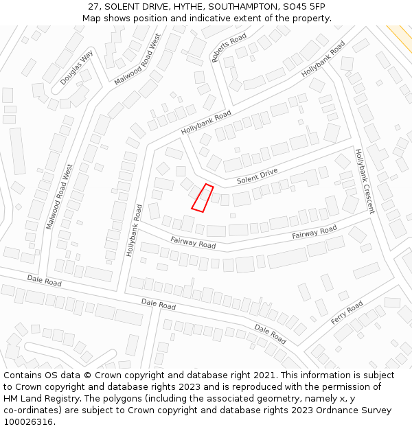 27, SOLENT DRIVE, HYTHE, SOUTHAMPTON, SO45 5FP: Location map and indicative extent of plot