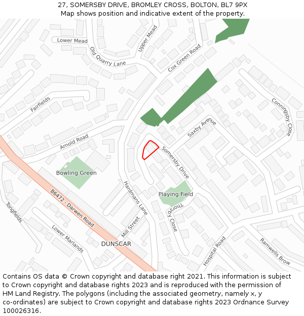 27, SOMERSBY DRIVE, BROMLEY CROSS, BOLTON, BL7 9PX: Location map and indicative extent of plot