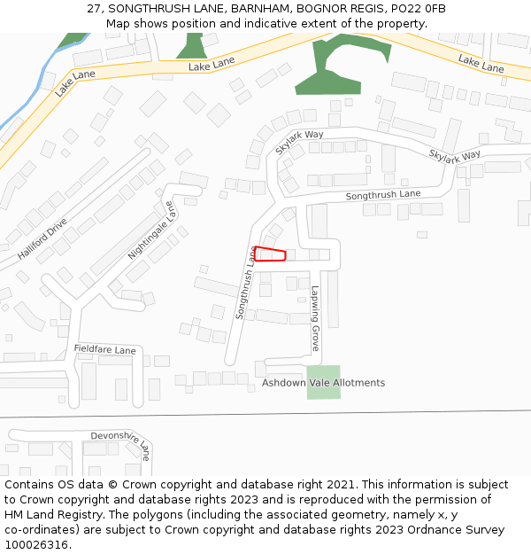 27, SONGTHRUSH LANE, BARNHAM, BOGNOR REGIS, PO22 0FB: Location map and indicative extent of plot