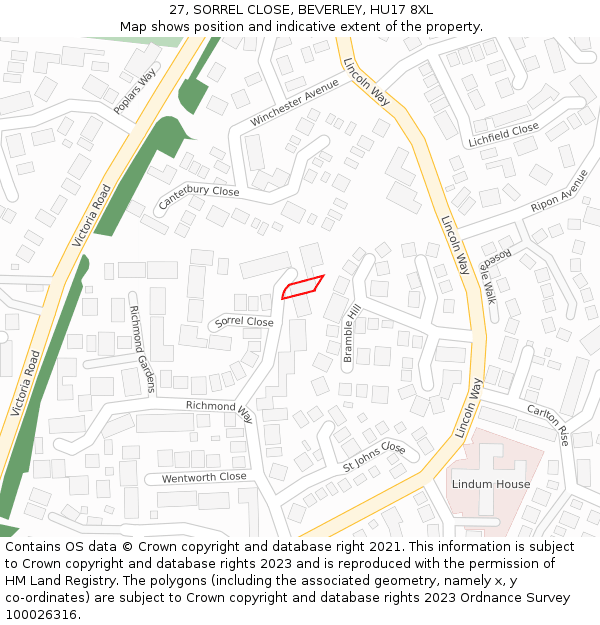 27, SORREL CLOSE, BEVERLEY, HU17 8XL: Location map and indicative extent of plot