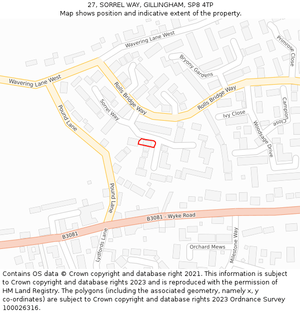 27, SORREL WAY, GILLINGHAM, SP8 4TP: Location map and indicative extent of plot