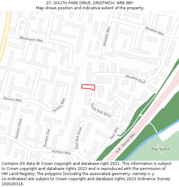 27, SOUTH PARK DRIVE, DROITWICH, WR9 9BY: Location map and indicative extent of plot