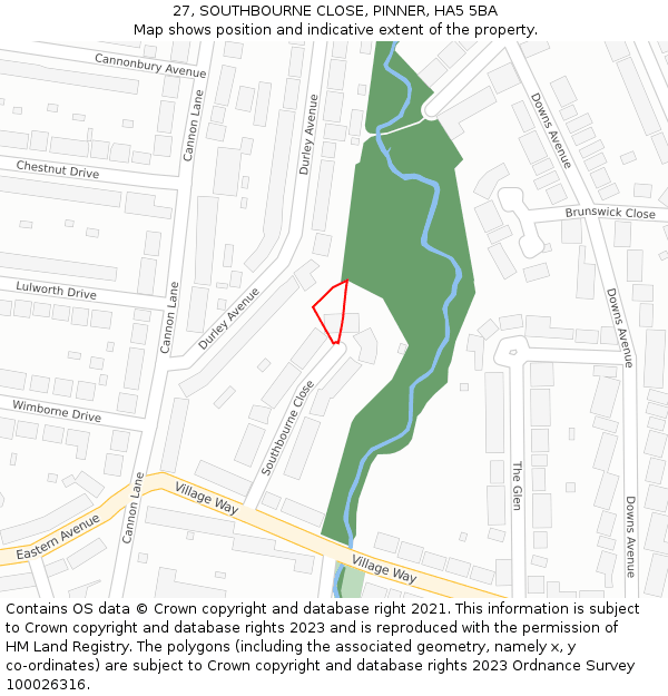 27, SOUTHBOURNE CLOSE, PINNER, HA5 5BA: Location map and indicative extent of plot