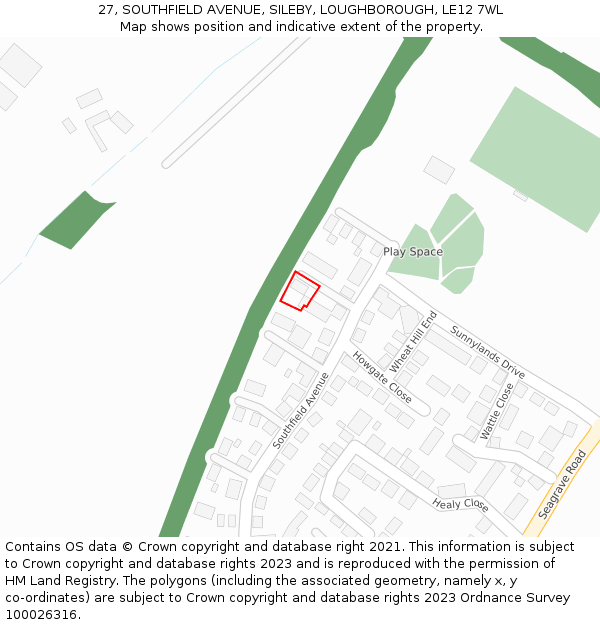 27, SOUTHFIELD AVENUE, SILEBY, LOUGHBOROUGH, LE12 7WL: Location map and indicative extent of plot