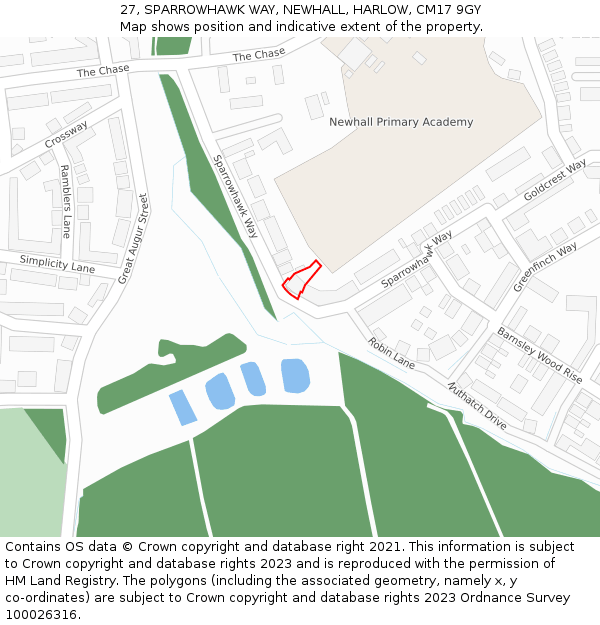 27, SPARROWHAWK WAY, NEWHALL, HARLOW, CM17 9GY: Location map and indicative extent of plot