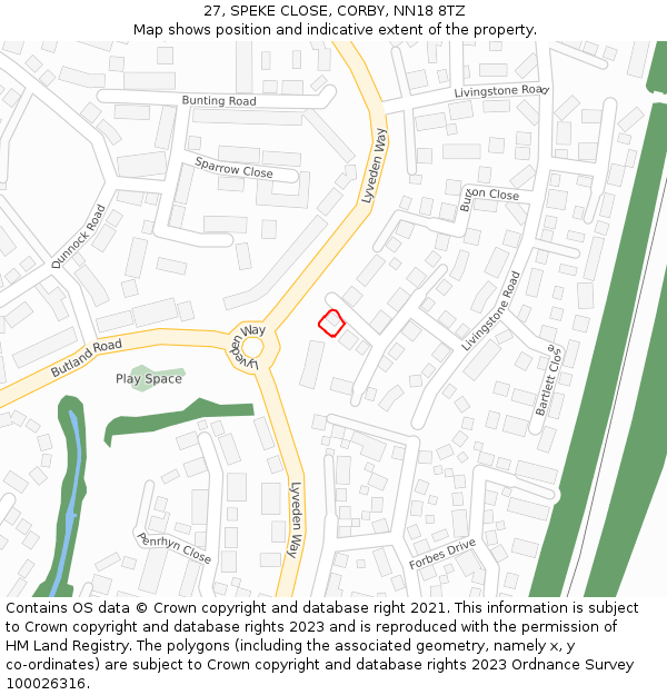 27, SPEKE CLOSE, CORBY, NN18 8TZ: Location map and indicative extent of plot