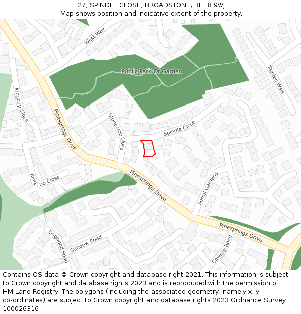 27, SPINDLE CLOSE, BROADSTONE, BH18 9WJ: Location map and indicative extent of plot