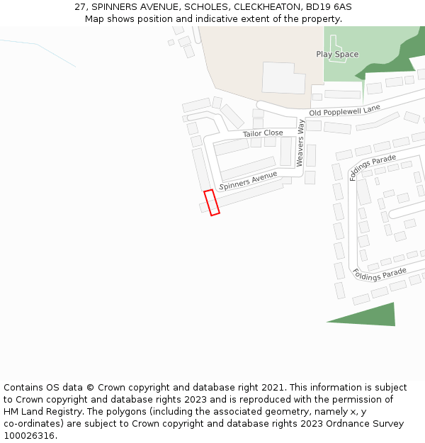 27, SPINNERS AVENUE, SCHOLES, CLECKHEATON, BD19 6AS: Location map and indicative extent of plot