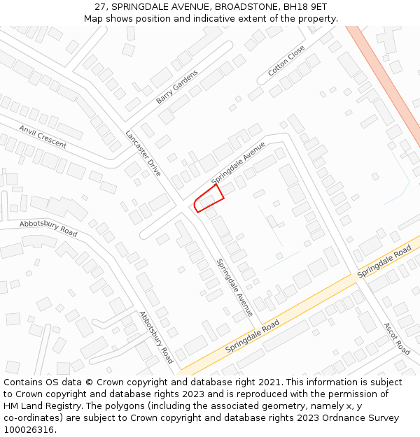 27, SPRINGDALE AVENUE, BROADSTONE, BH18 9ET: Location map and indicative extent of plot