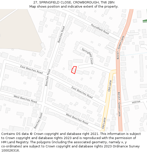 27, SPRINGFIELD CLOSE, CROWBOROUGH, TN6 2BN: Location map and indicative extent of plot